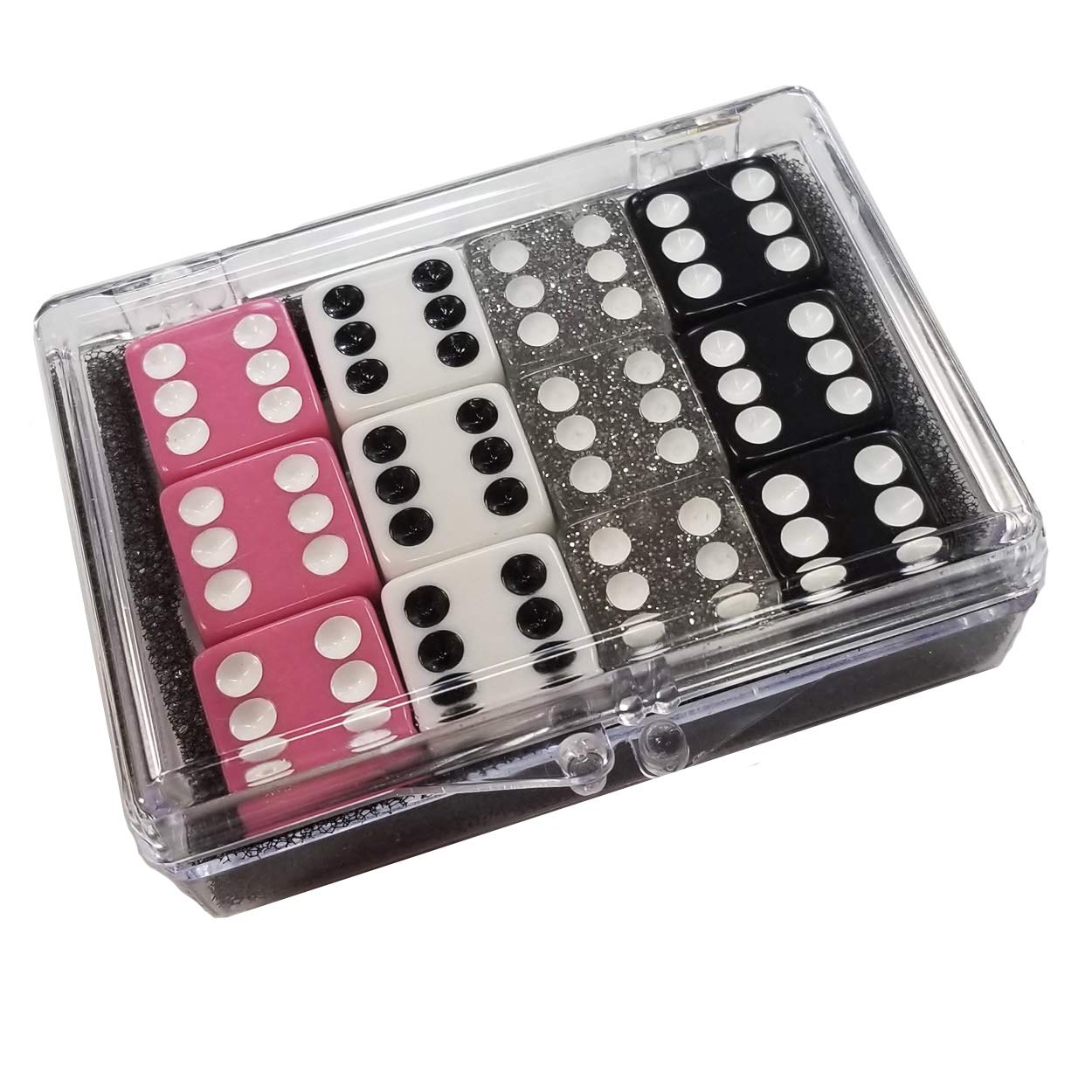 Set of 12 Opaque dice- Play Bunco- Pink - White - Black - Silver in Acrylic Box