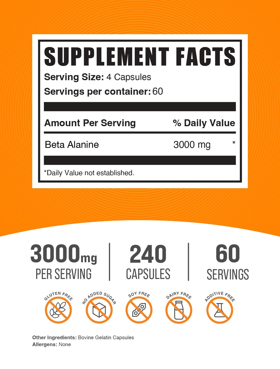 BulkSupplements.com Beta Alanine Capsules - Beta Alanine Supplement, Beta Alanine Pills, Beta Alanine 3000mg - Gluten Free, 4 Capsules per Serving, 240 Capsules (Pack of 1)