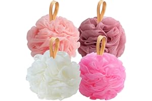 Fishent Loofah Bath Sponge Shower Loofahs, Pack of 4 Pink Soft Loofa Exfoliating Body Scrubber Mesh Shower Puff Pouf Ball Luffa for Women(50g/pcs)