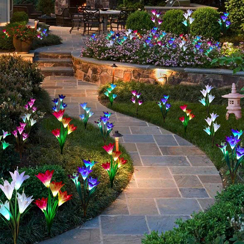 2 Pack Outdoor Solar Lights, AOIEORD Multi-Colors Changing Solar LED Flower Stake Lights with 8 Lily Flowers, Perfect for Garden, Patio, Backyard Decorating Halloween & Christmas (Purple & White)