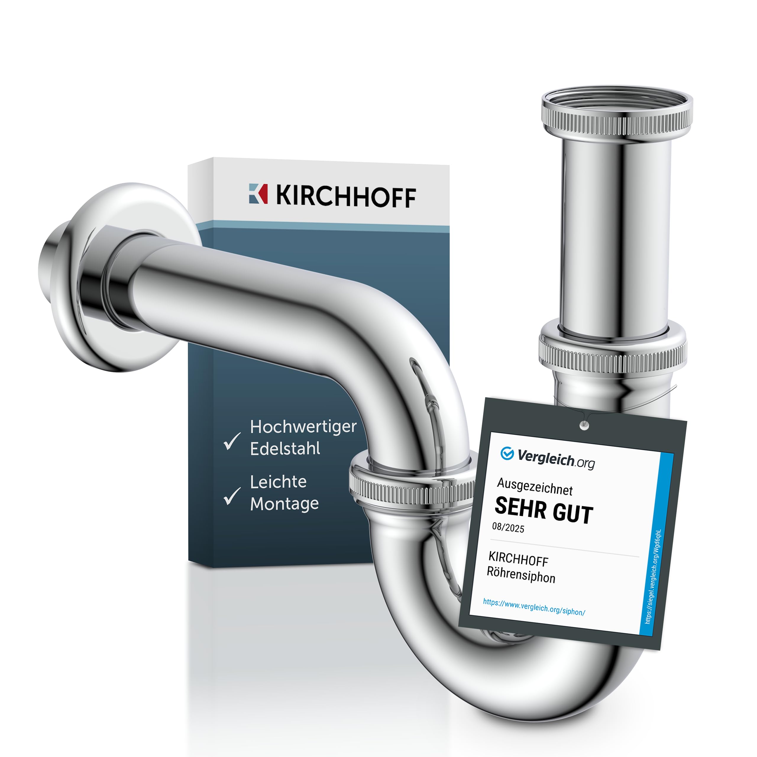 KIRCHHOFF Siphon Waschbecken, Siphon aus hochwertigem Edelstahl, Ablaufgarnitur Waschbecken und Waschtisch, Geruchsverschluss, Syphon Waschbecken, Ablaufgarnitur für das Bad, Chrom