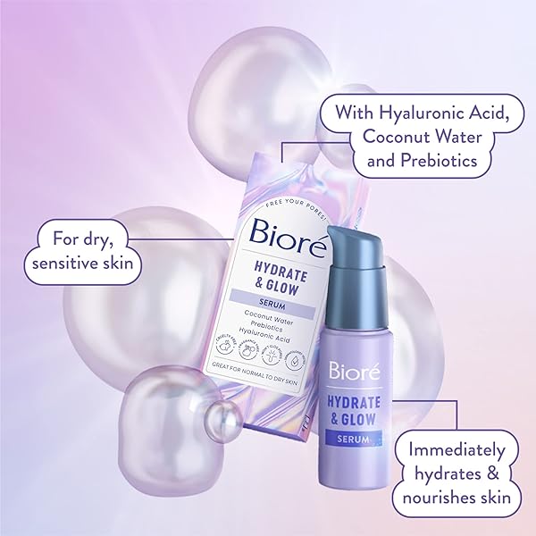 BIORÉ HYDRATE & GLOW FACE SERUM FOR DRY, SENSITIVE SKIN WITH HYALURONIC ACID, COCONUT WATER AND PREBIOTICS, DERMATOLOGIST TESTED FACE SERUM, FRAGRANCE FREE, NOT TESTED ON ANIMALS, 1 OZ BOTTLE