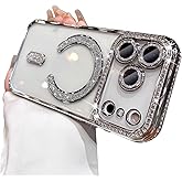 AuroiCCY for iPhone 17 Pro Max Case Magnetic, [Compatible with MagSafe] Women Cute Clear Glitter Bling Diamond Rhinestone Sparkly Case Camera Lens Protectors Plating Cover 6.9'' 2025, Silver