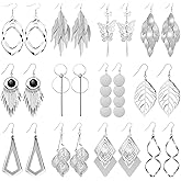 12 Pairs Drop Dangle Earrings Bohemian Long Earrings Vintage Statement Jewelry Holiday Gift for Women(Silver)