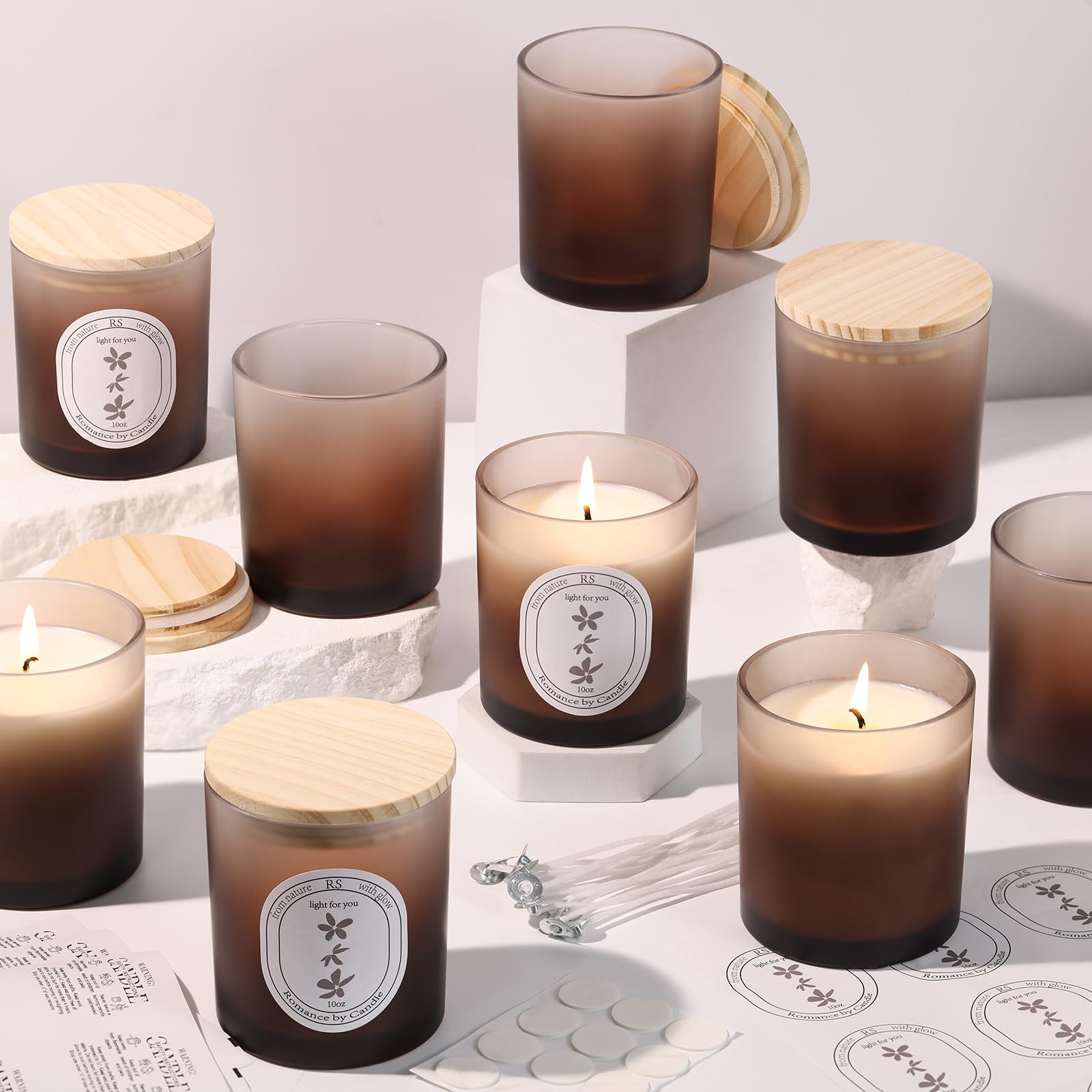 Photo 1 of 12Pcs Gradient Amber Candle Jars for Making Candles, 10oz Glass Jars with Bamboo Lids, Candle Wick Kit and Sticky Warning Labels, Candle Containers Vessels for DIY Gifts
