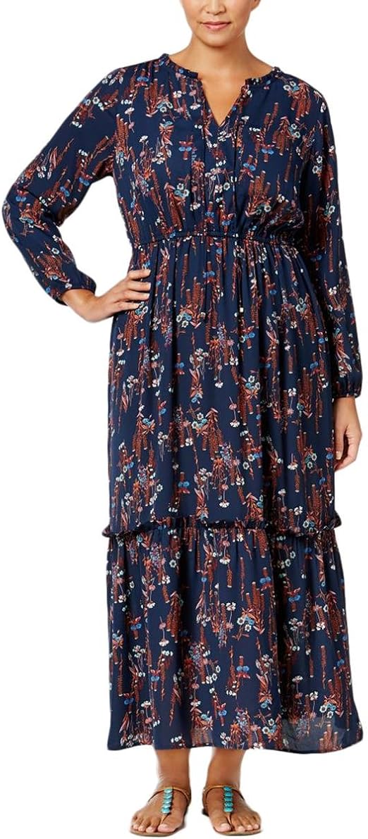 NY Collection Women's Plus Size Printed Long Sleeve Maxi Peasant Tiered