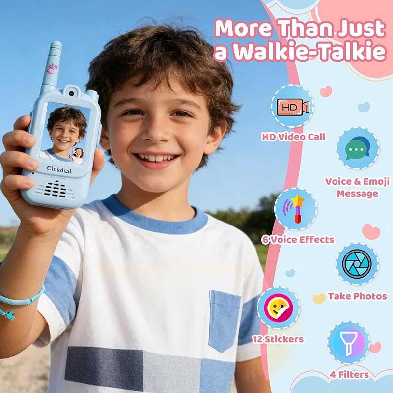 Vidéo Talkie Walkie Enfant Longue Portée Rechargeable, Cadeau Garçon et Fille 3-12 Ans, Écran LCD 2", Appel Vidéo, 6 Effets Vocaux, Appareil Photo, 23 Émoticônes, Bleu et Rose, Pack de 2