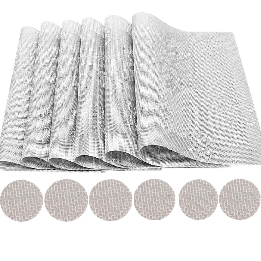 Time to Sparkle Set of 12 PCS Vinyl Woven 6pcs Placemats + 6pcs Coasters Place Mats Non slip Table Mats Waterproof Heat-resistant Dining Table Mats Decor(Silver Snowflake) — image 1