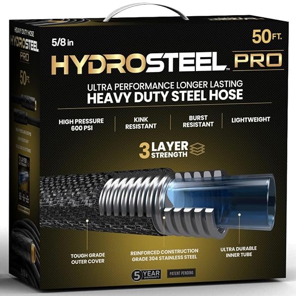 HYDROSTEEL PRO 50 FT GARDEN HOSE, AS SEEN ON TV WATER HOSE 50FT FOR OUTDOORS, TRIPLE LAYER 304 STAINLESS STEEL FLEXIBLE GARDEN HOSE, HEAVY DUTY HOSE, LIGHTWEIGHT, KINK & TANGLE FREE WITH 500 PSI