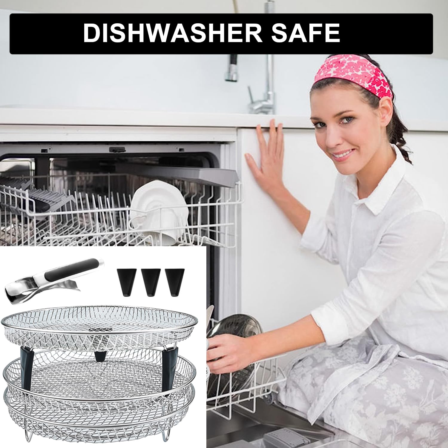 Upgrade Air Fryer Rack, Three Stackable Dehydrator Racks with spare clip and silicone feet,Stainless Steel Air Fryer Accessories Round Air Fryer Rack (Round)