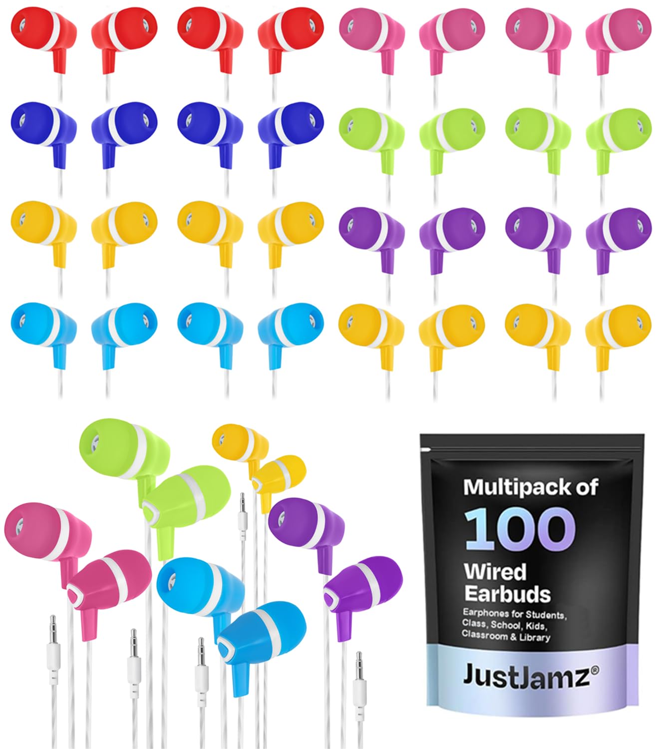 JustJamz Bulk Earbuds Bubbles 100 Pack of Colorful in-Ear Earbuds Mixed Colors Pack of Wired in-Ear Earphones Compatible with Smartphones for Schools, Kids, Classrooms & Libraries