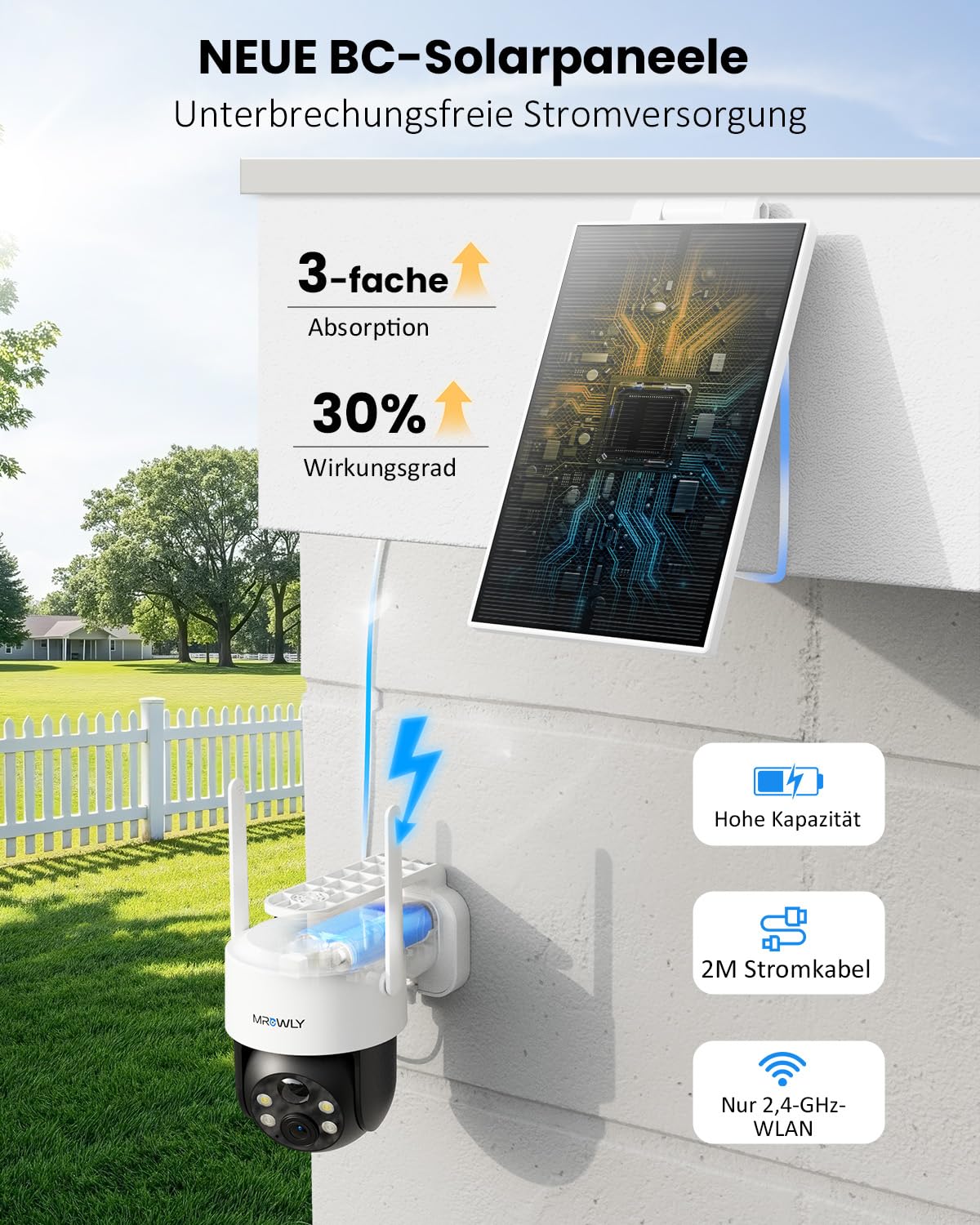 Mrowly 2K Überwachungskamera Aussen Solar, 360° PTZ Kamera Überwachung Aussen Akku, 2,4GHz WLAN Kamera mit PIR Bewegungsmelder, Farbnachtsicht, 2-Wege-Audio, IP66, Cloud/SD Speicher 4