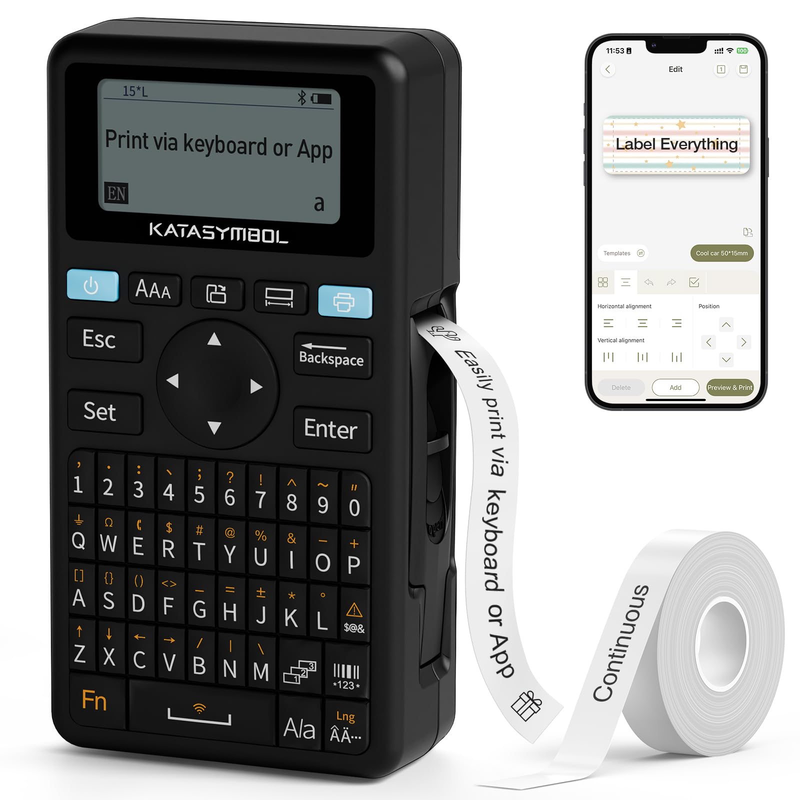 Photo 1 of SUPVAN E11 Bluetooth Label Maker Machine with Tape, Support Keyboard & App with 40 Fonts and 450+ Icons, Rechargeable Inkless Labeler for Home, Kitchen, Office, School, Organization, Black