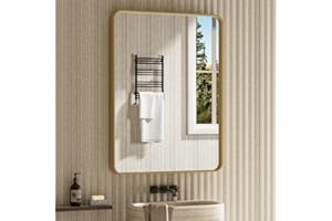 JISOSO Brushed Gold Bathroom Mirror Wall Mounted Vanity Mirror with Rounded Corner Metal Framed, Tempered Glass, Anti-Rust(Horizontal/Vertical), 22 x 30 Inch