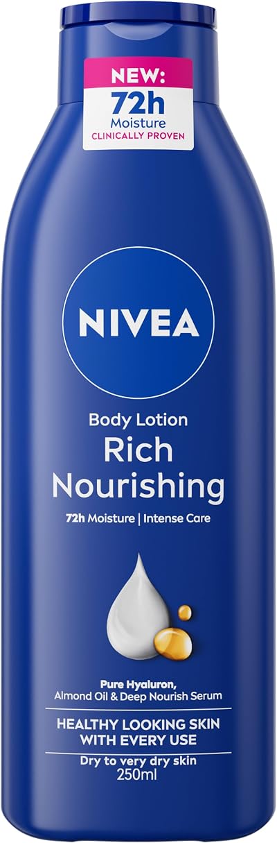 NIVEA Rich Nourishing Body Lotion 250ml Dry Skin 72H Hydration Almond Oil