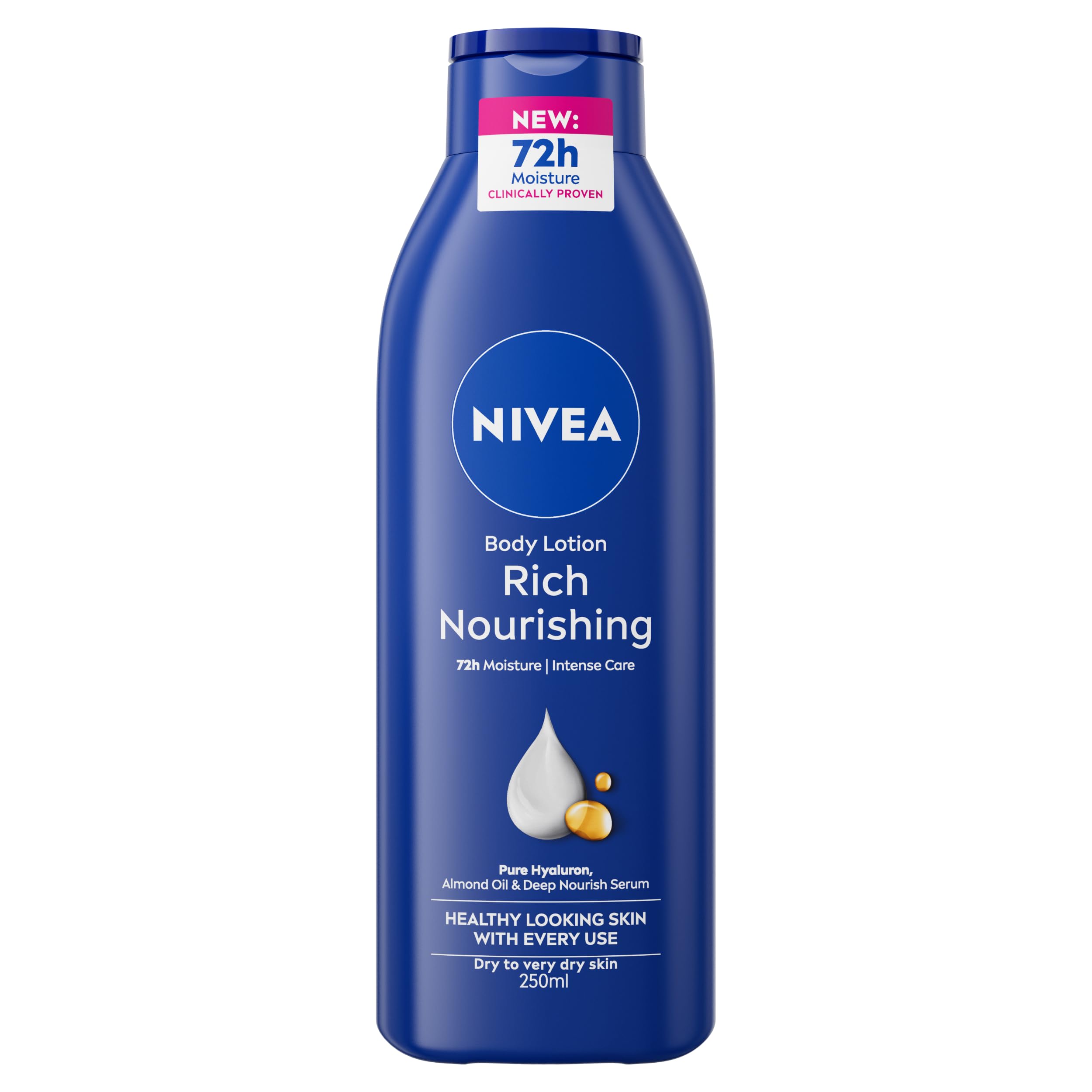 NIVEA Rich Nourishing Body Lotion (250ml), Rich 72H Hydration Moisturiser for Dry Skin Made with Deep Moisture Serum and Almond Oil, Intensive Hydration Body Lotion