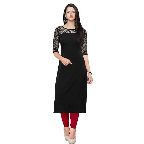 Women's Crepe and Net Kurti (Black, S)