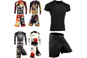 ROAR-INT 2Pcs No Gi BJJ Men Rash Guard Set, MMA Shorts Grappling Jiu Jitsu Gym Training Athletic Muay Thai Compression Set