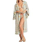 R.Vivimos Women's Vintage Floral Print Beach Boho Cardigan Kimono Maxi Swimwear Cover up Dress Wrap