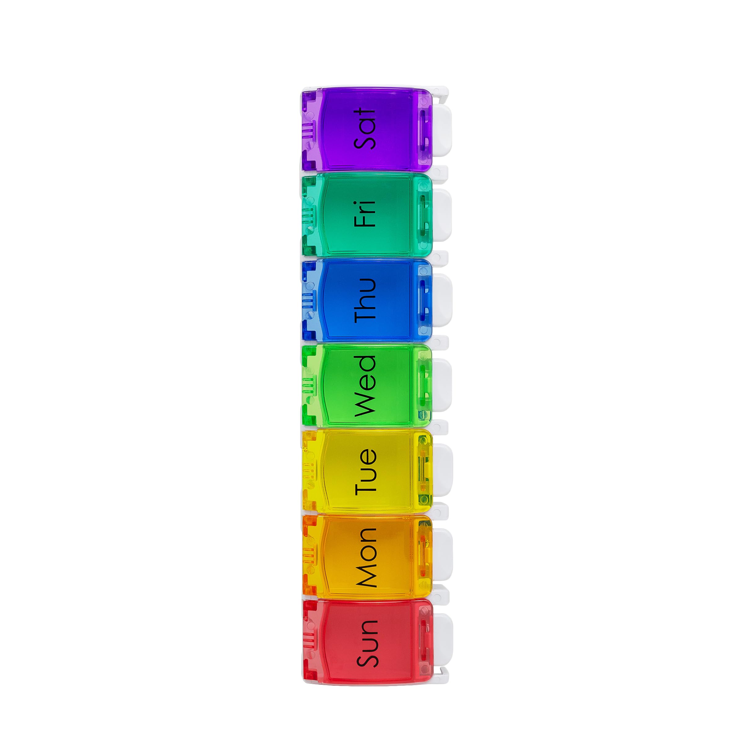 EZY DOSE Weekly 7-Day Pill Planner, Vitamin Organizer and Medicine Case, X-Large Push-Button Compartments for Easy Access, Durable Design with Colorful Rainbow Lids, Perfect for Home and Travel Use