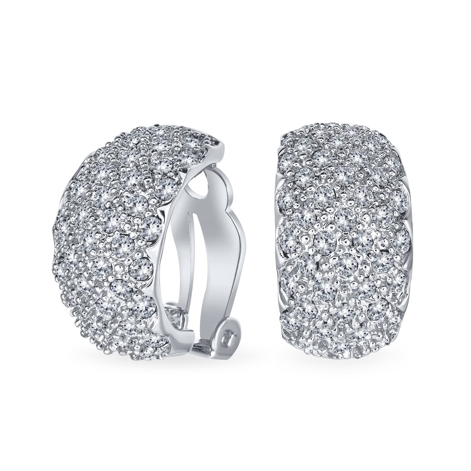Fashion Bridal Pave Encrusted Crystal Wide Half Dome Clip On Earrings For Women Wedding Party Non Pierced Ears Silver Plated โ image 1