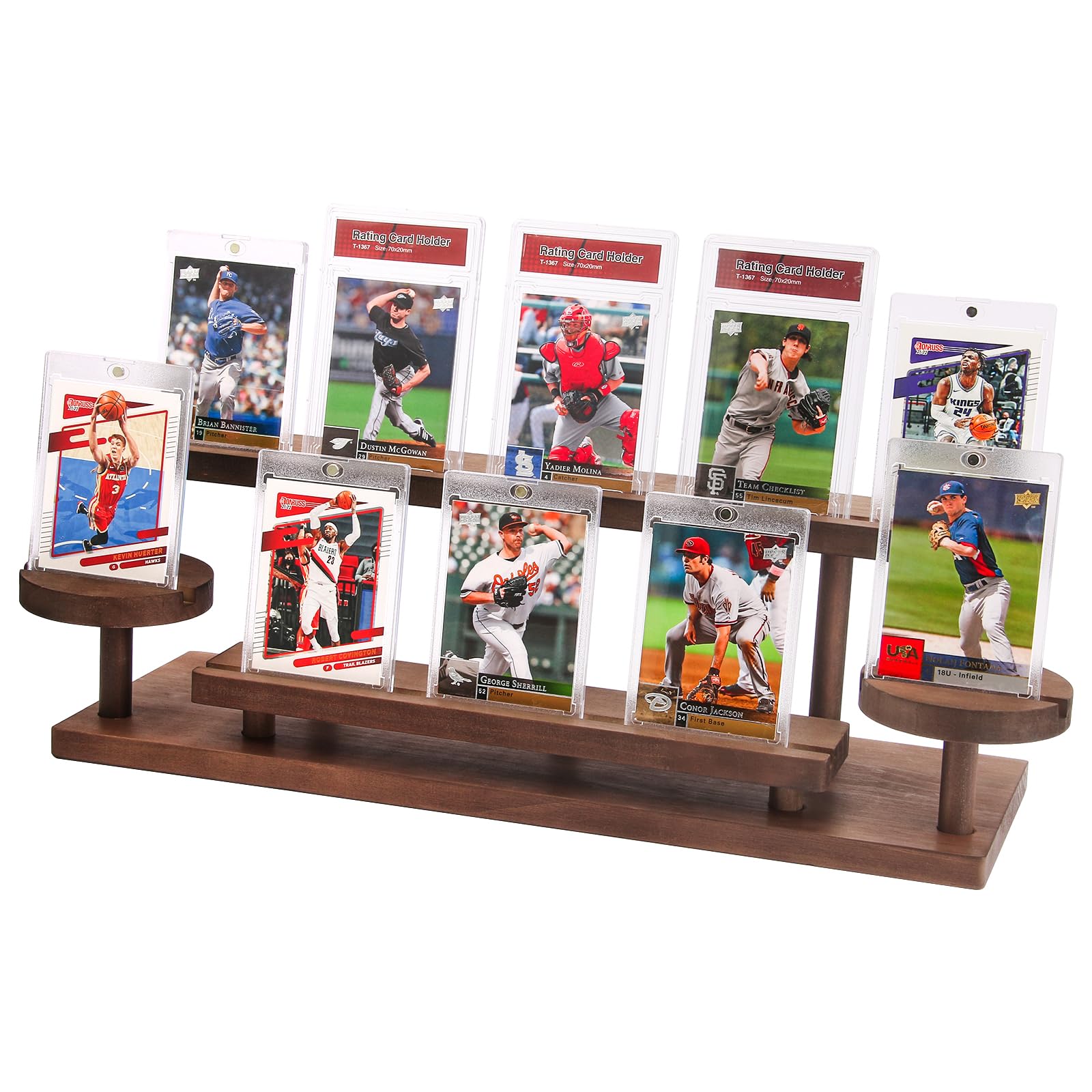 Photo 1 of Wooden Trading Card Display Stand, 3-Tier Card Holder for Graded, Sports and TCG Cards, Tabletop Display Holder, Rustic Solid Wood Shelf Stand for Basketball Football Hockey (Brown)
