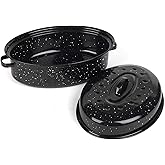 16 Inch Roasting Pan with Lid - Covered Oval Roaster - Enamel Carbon Steel Roaster Pot - Excellent Heat Distribution and Non-sticky - for Turkey Chicken Meat & Vegetables -Birthday and Holiday gifts
