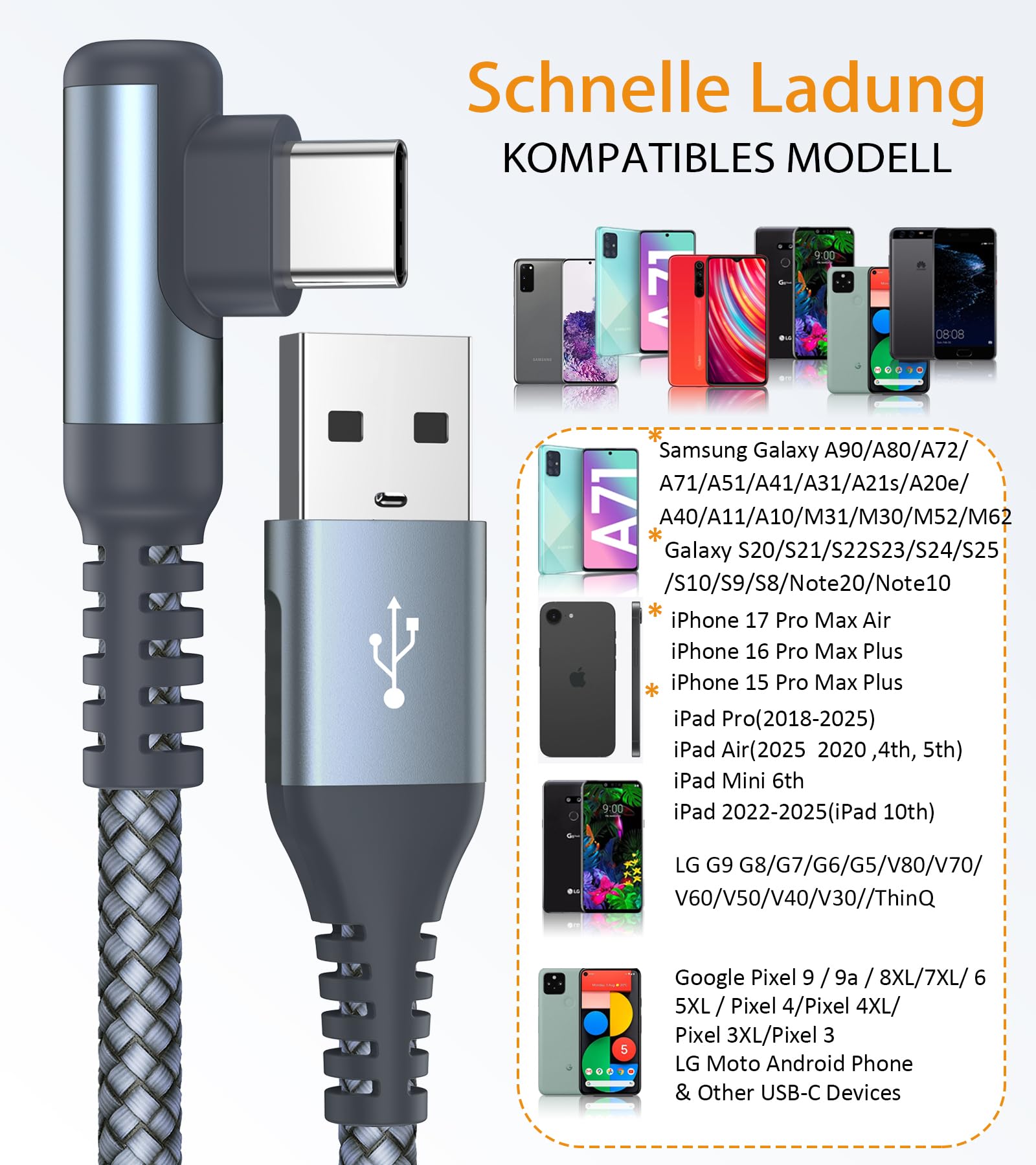 USB C Kabel 3.1A Schnellladung [2Stück 2m], Ladekabel USB C Winkel Type C Kabel Nylon für i Phone 17 16 15 Pro Max,Samsung S26 S25 S24 S23 S22,S21,S20 S10 S9,S8,Note20,M31 M30s M20,A72 A71 A52 A51 5