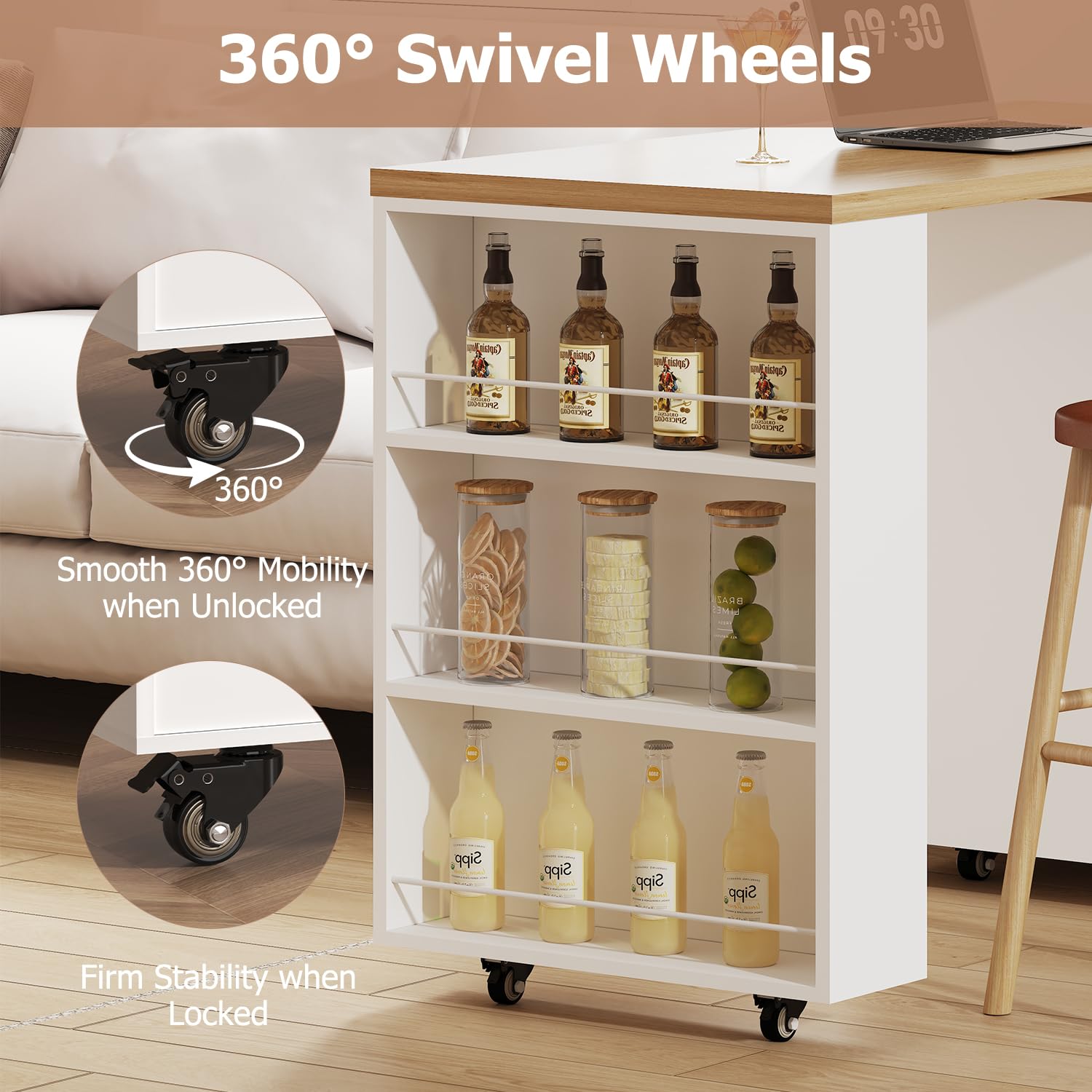 IBF Kücheninsel Freistehend mit Arbeitsplatte Auf 7 Rollen Küchenschrank Küchenwagen Moderne Mobile Kücheninsel Mit 360 Grad Drehbarer Holzplatte und Schublade Für Esszimmer Weiß 184 cm 5