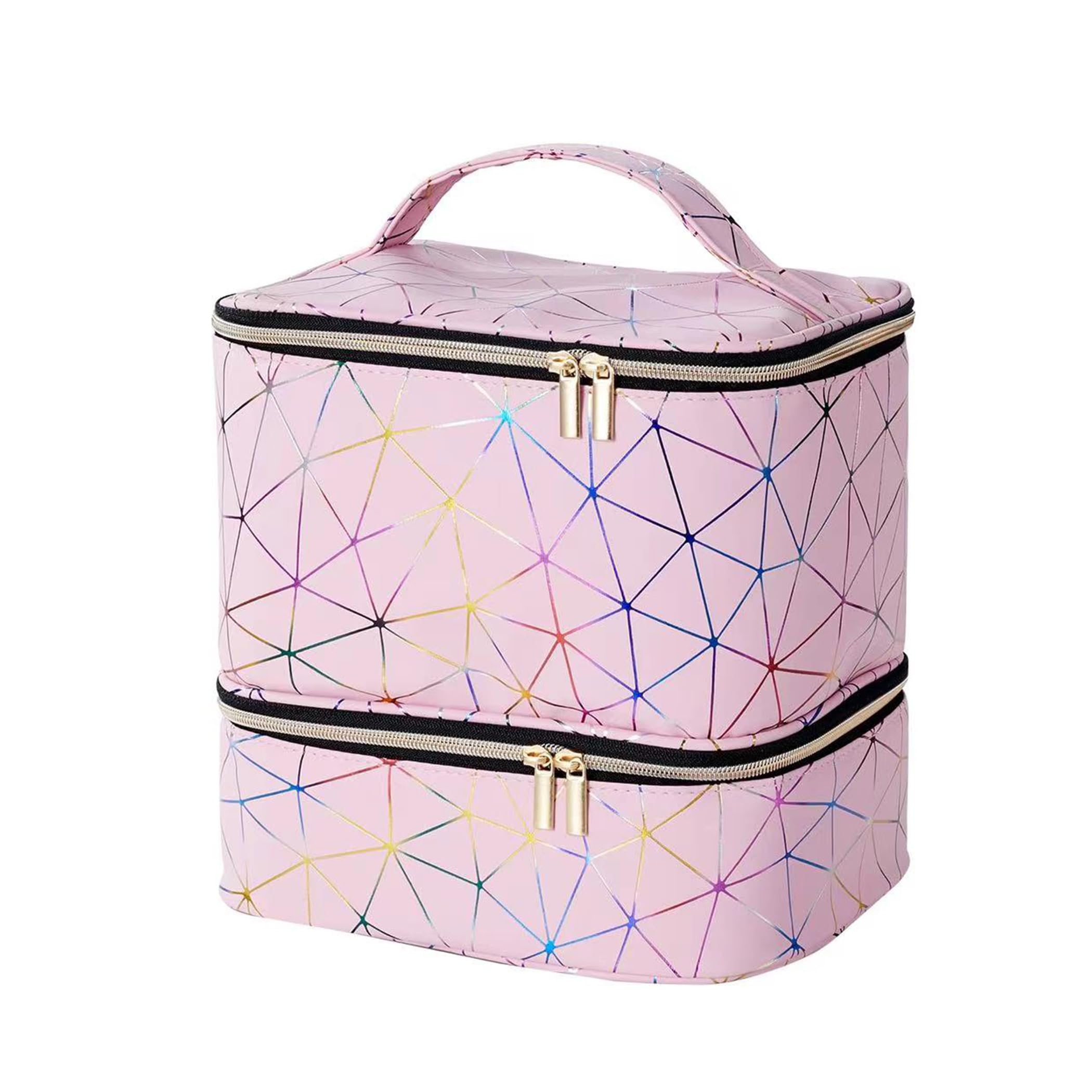 AMOYUN Black Large Makeup Bag, Nail Polish Organiser-Holds 30 Bottles Double-Layer Travel Storage Bags Waterproof PU Cosmetic Bag with Adjustable Dividers for Manicure Tools Storage