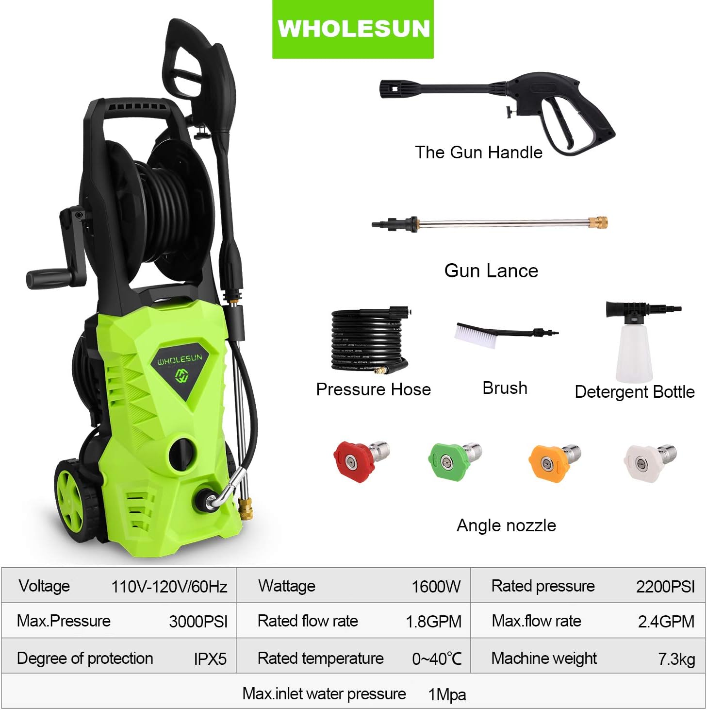 WHOLESUN 3000PSI Electric Pressure Washer 2.4GPM Power Washer 1600W High Pressure Cleaner Machine with 4 Nozzles Foam Cannon, Best for Cleaning Homes, Cars, Driveways, Patios (Green) : Garden & Outdoor