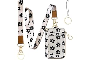 BOLIMOSS 2-in-1 ID Badge Holder & Lanyard Wallet for Womens Cute Black Flower Leather Zip ID Case Wallet with Breakaway Wrist & Neck Lanyard, Clear Window, 5 Card Slots, Ring Keychain for Worker Teacher Nurse