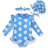 Renotemy Baby Girls Swimsuit Infant Bathing Suit with Hat Zipper Long Sleeve One-Piece Rash Guard Swimwear for Girl 3Month-3T