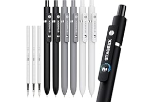 STAGEEK Black Gel Pens, 6Pcs Fine Point Smooth Writing Pens with 3 Extra Refills, Quick Dry Black Ink Pens for Journaling, Office, Note Taking, School Supplies, Nurse Aesthetic(Black Gray White)