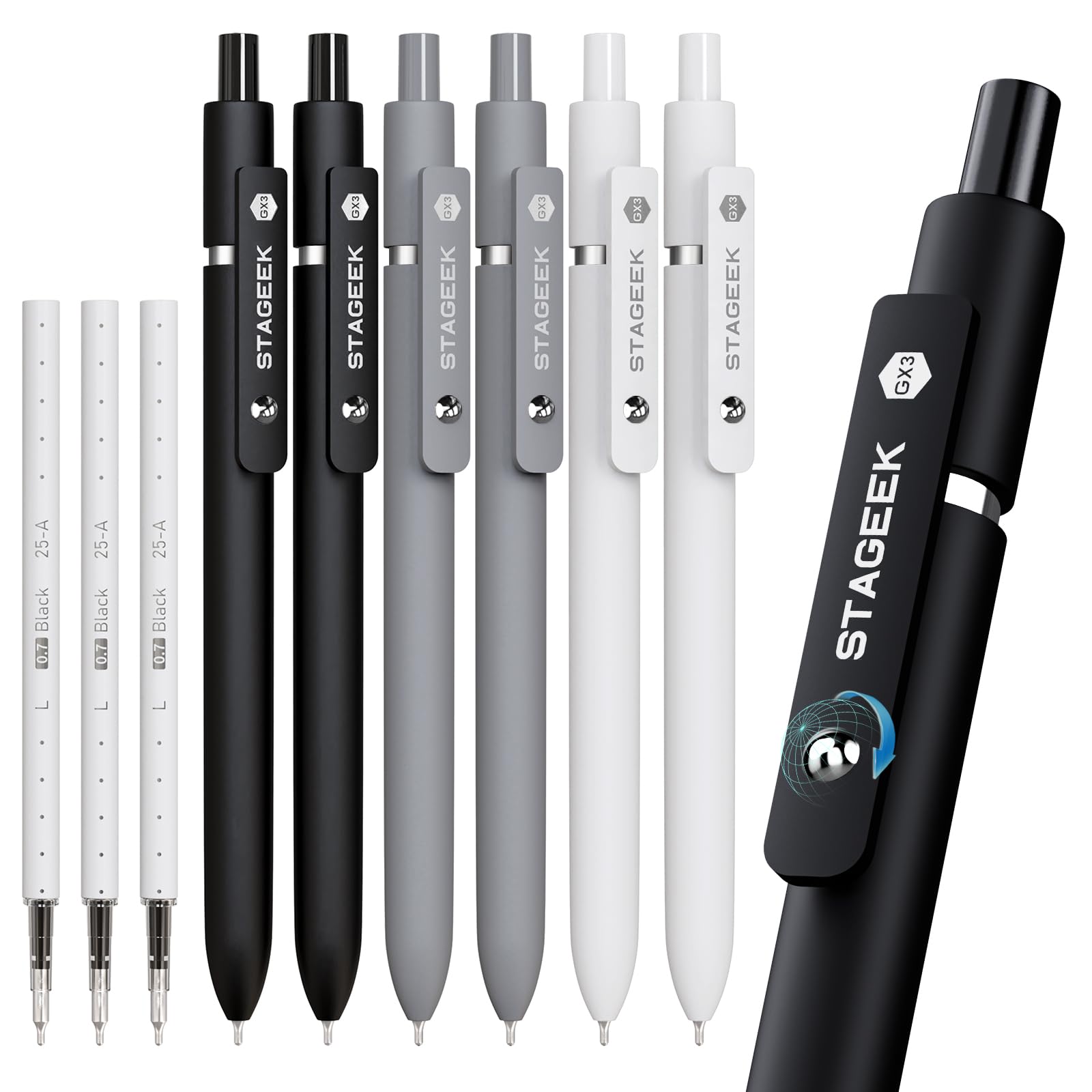 STAGEEK Black Gel Pens GX3, 6 Pcs Fine Point Smooth Writing Pens with 3 Extra Refills, Quick Dry Black Ink Pens for Journaling, Office, Note Taking, School Supplies, Nurse Aesthetic(Black Gray White)