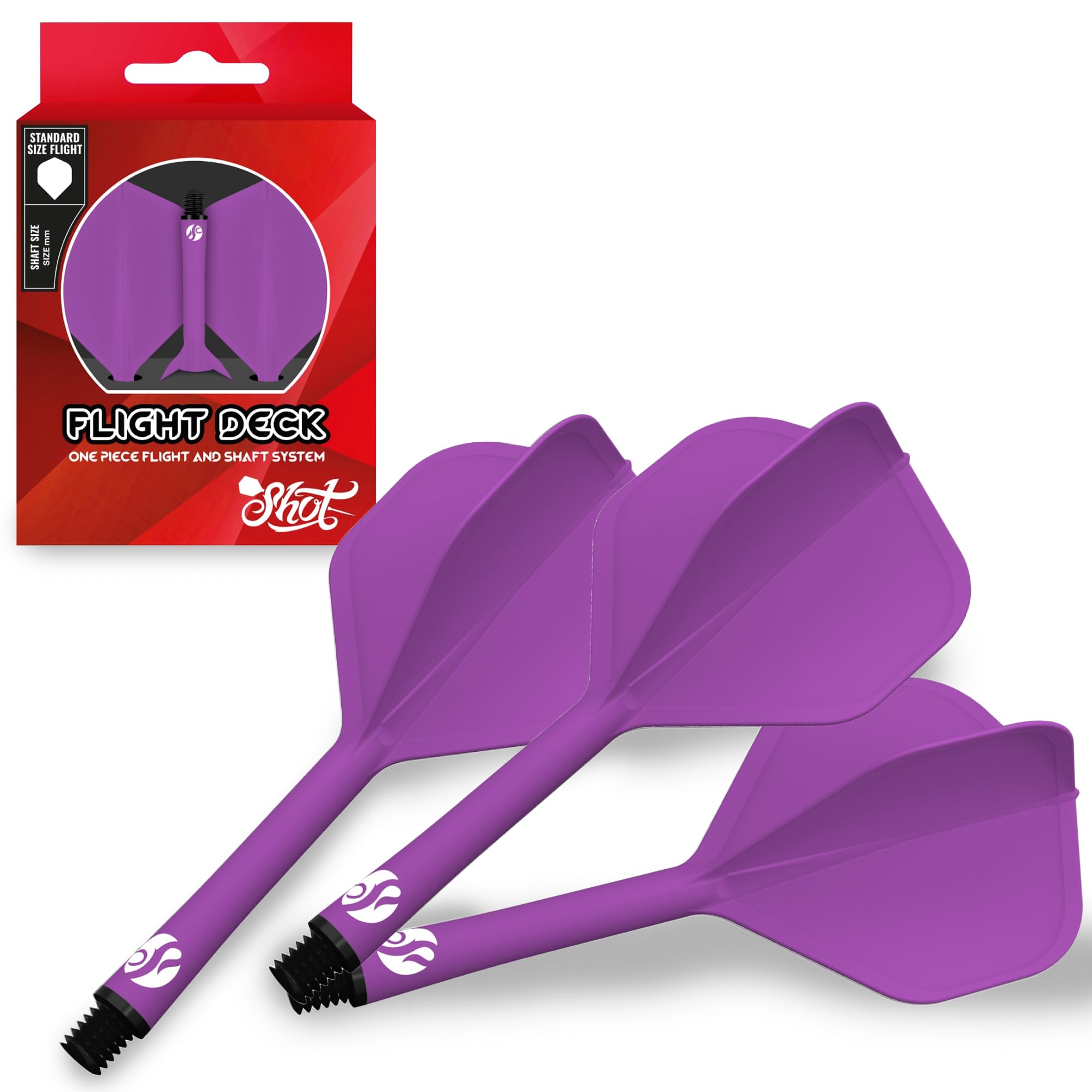 Shot! Darts Flight Deck One Piece Dart Flight and Shaft System, Reduced Deflections, Standard Shaped Flight (350 Micron), Available in Set of 3 (Purple, Short)