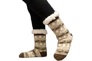 Thick Fleece-Lined Non-Slip Plush Socks, Fuzzy Ugly Christmas Sweater Slipper Pattern, Brown & White (One Pair) Miss Fit Bout