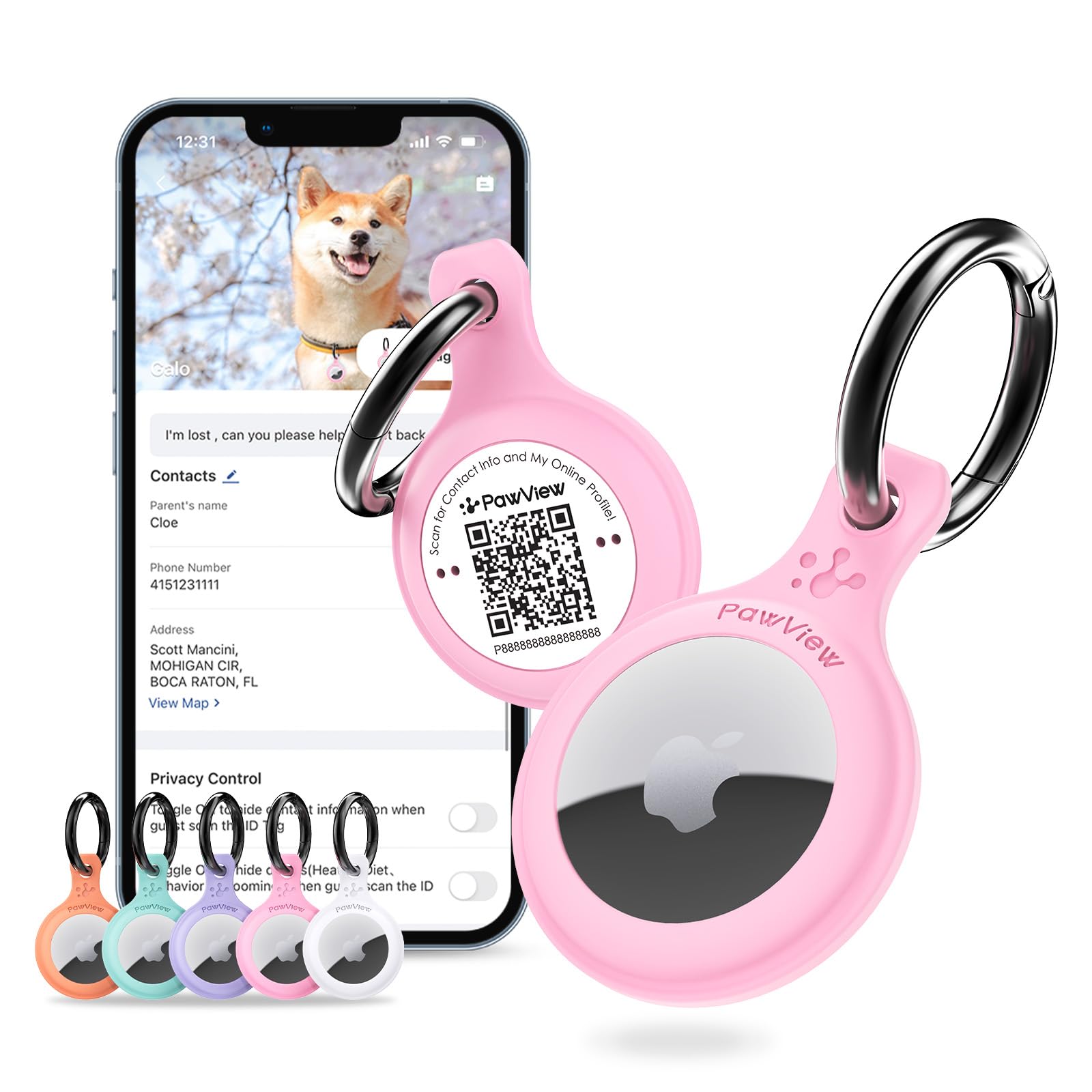 AirTag Holder & Collar for Pets. GPS Tag & App with Smart QR ID for Instant Location, Pet Profile and Contact Info. Dog Tracker or Cat Tracker (Pink)