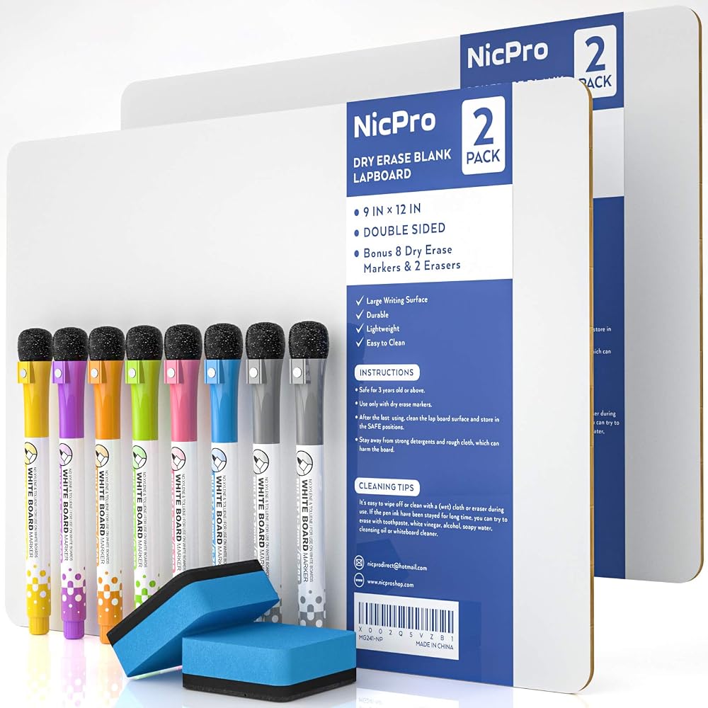 Nicpro 2 Pack Dry Erase Mini Whiteboard A4 22x30 cm Double Sided Lapboard