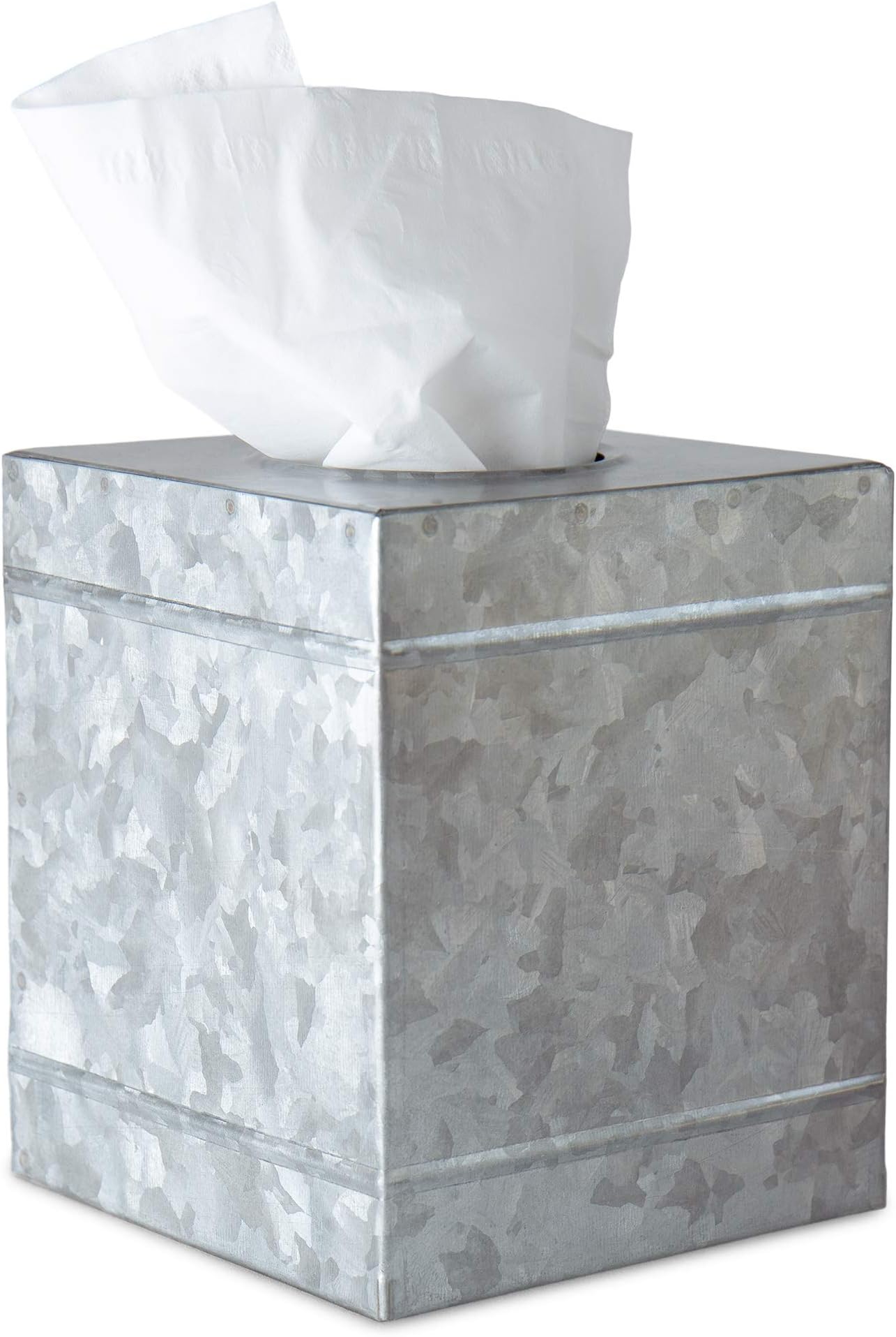 DELBRIO Original Square Tissue Box Cover - Galvanized Metal - Rustic Farmhouse - Cube Tissue Box Holder - Warm Farmhouse Accent Tissue Covers
