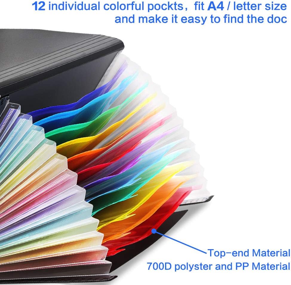 Accordian File Organizer, 12 Pockets Expanding File Folder with Expandable Cover, Portable Filing Box, Desktop Accordion Folders, Plastic Colored Paper Document Paperwork Receipt Organizer(A4/Letter Size) : Office Products