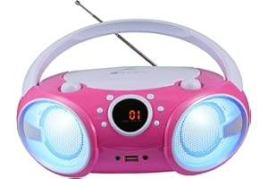 SINGING WOOD 030BTL, CD Player Boombox CD/CD-R/CD-RW, Portable w/Bluetooth, USB, AM/FM Radio, AUX-Input, Headset Jack, Foldable Carrying Handle and LED Light (Kitty Pink)