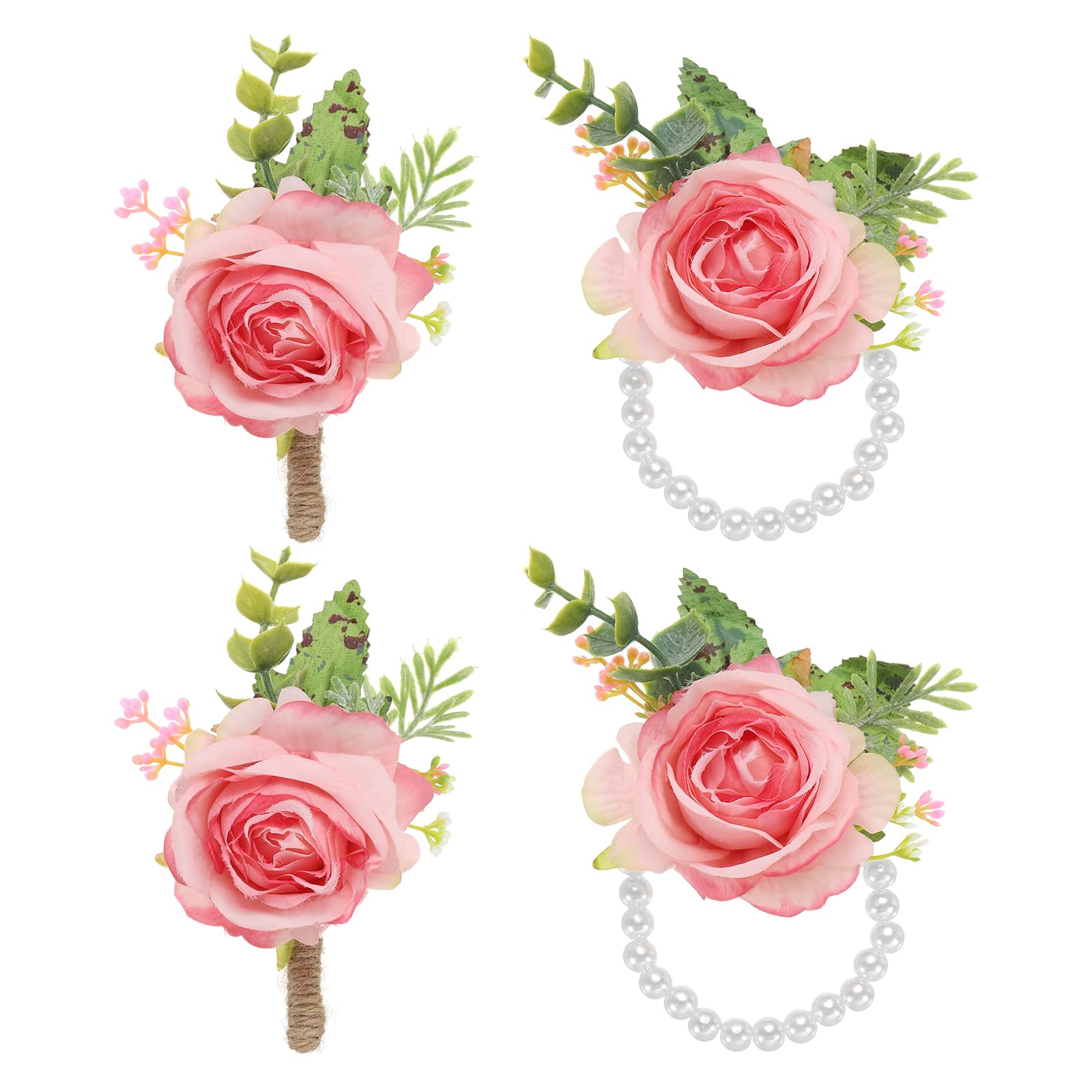 PATIKIL Rose Wrist Corsage and Boutonnieres Set, 4 Pcs Wedding Flower Wristlet Band Bracelet Hand Flowers Tether Accessories for Men Women Bachelor Party Prom Homecoming, Light Rose Red
