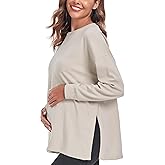 Ecavus Women's Casual Maternity Shirts Long Sleeve Soft and Comfy Pregnancy Tee Tops Side Split Maternity Clothes