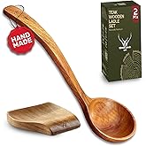 2Pcs Wooden Ladle Set included Teak Wood Soup Spoons with Hook Handles for Cooking wih Large Spoon Rest, Serving, Stirring – Non-Stick Wooden Spoons for Pot & Bowl