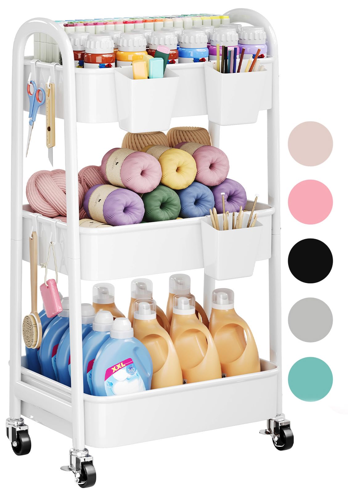 Photo 1 of **TOP SHELF HAS MINOR DAMAGES (CRACK) ** 3 Tier Rolling Cart Metal with Wheels, Heavy Duty White Three Tiered Craft Cart Organizer on Wheels, Utility Roller Storage Carts for Art, Baby Nursery, Diaper Caddy, Snack,Book,Nail,Cleaning Supplies