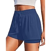 PINSPARK Women's Navy Running Shorts Quick Dry 5" Active Shorts Gym Workout Shorts 2 in 1 Volleyball Shorts with Pockets L