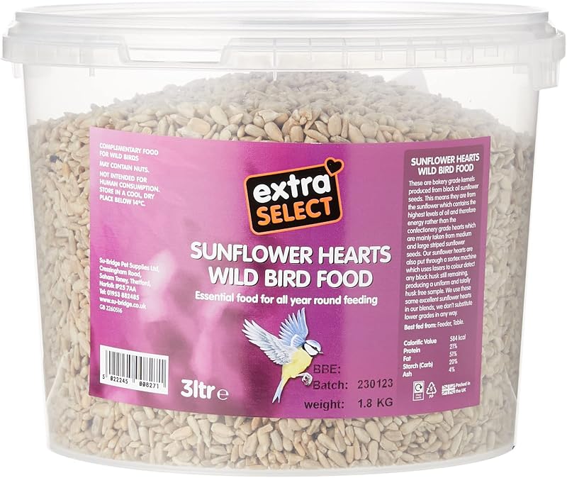 Extra Select Sunflower Hearts Bird Food Husk-Free High Energy 3 Litre Bucket