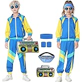 TIMSOPHIA 80s Tracksuit for Kids, 90s Outfits Boys Girls 6PCS Hip Hop Dance Costume, Colorblock Jacket for Retro Theme Party (Blue, 4-5 years)