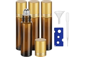 GIVITASOT 10ML Essential Oil Roller Bottles, 4 Pack Brown Gold Oil Roller Bottles for Essential Oils, Roll on Bottle with Stainless Steel Balls(4 Labels, Opener, Funnel, Dropper Included)